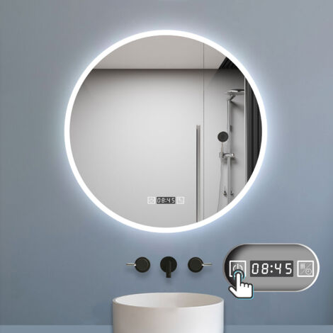 LED Badspiegel mit Beleuchtung Badezimmer Spiegel Rund mit Beschlagfrei 3 Lichtfarbe dimmbar 3000k-6000k Wandspiegel mit Touchschalter 80x80cm Uhr Speicherfunktion
