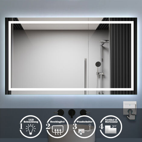Badezimmer Spiegel 120x70cm Kaltweiß mit Beschlagfrei Wandspiegel mit Wandschalter Horizontal und Vertikal (1/5)