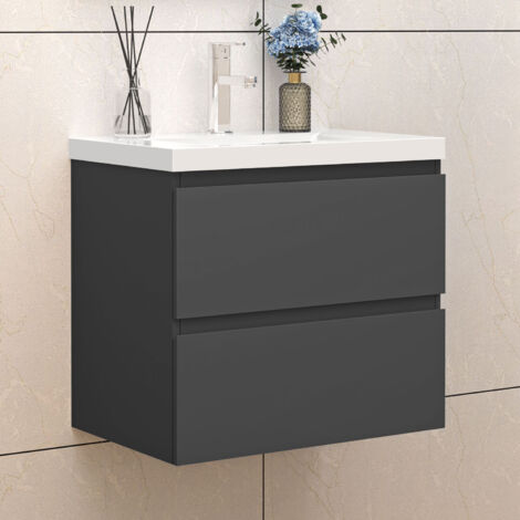 Badezimmer Badmöbel-Set 60cm Unterschrank mit keramik dick waschtisch 2 Schubladen Anthrazit Matt soft close Selbstmontierter