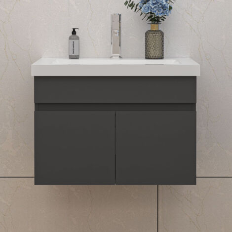 60cm Badmöbel Set mit Waschbecken Mineralguss Waschtisch mit Unterschrank Gäste WC Anthrazit Matt