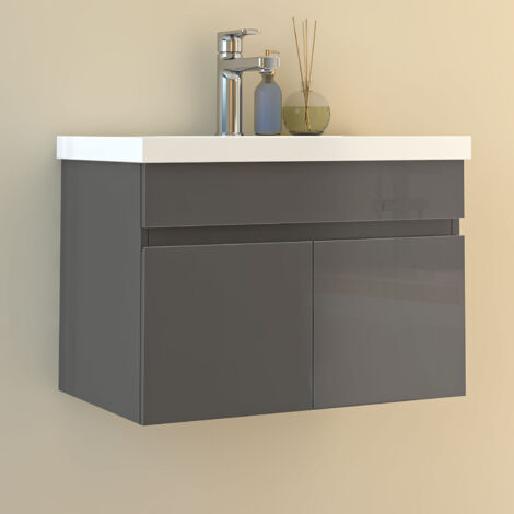 Waschtisch mit Unterschrank Soft-Close 60cm Badmöbel Set mit Waschbecken Mineralguss Gäste WC Hochglänzend Anthrazit