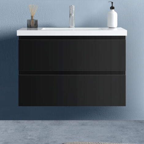 Badezimmer 80cm Waschtisch mit Unterschrank Badmöbel Set mit keramik-Waschbecken Unterschrank Schwarz Hochglanz