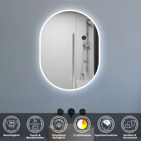 LED Badezimmer Spiegel mit Beleuchtung Badspiegel mit Beschlagfrei 3 Lichtfarbe Dimmbar Speicherfunktion CE IP44 50x90cm