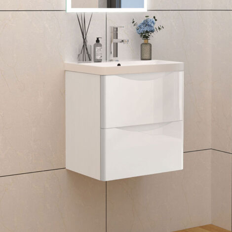 Badmöbel Set 50 cm Weiß Hochglanz Waschbecken mit Soft-Close Unterschrank Waschtisch