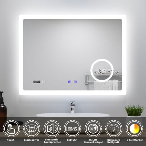 LED Badspiegel 70x50cm mit 3 Lichtfarbe Dimmbar Bluetooth Uhr 3-fache Vergrößerung Beschlagfrei CE IP44