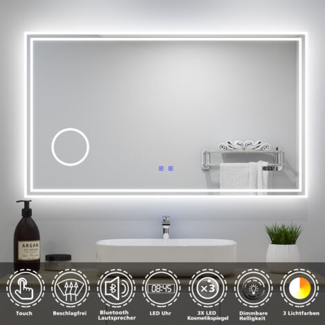 LED Badspiegel 120x70cm mit Uhr Bluetooth 3 Lichtfarbe Dimmbar Beschlagfrei 3-Fach klares vergrößertes Speicherfunktion