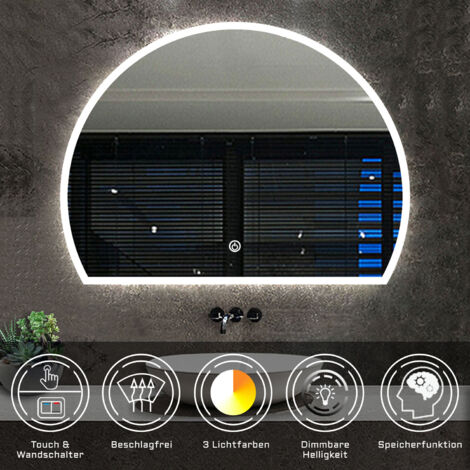 LED Badezimmer Spiegel mit Beleuchtung Dreiviertelkreis Badspiegel mit Beschlagfrei 3 Lichtfarbe Dimmbar Speicherfunktion CE IP44 80x60cm