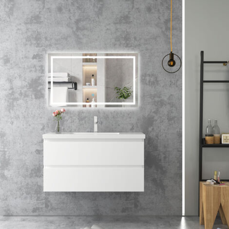 Badezimmer Badmöbel-Set 100cm Unterschrank mit Weiß Mineralguss waschtisch 2 Schubladen Weiß Matt soft close Selbstmontierter (1/5)