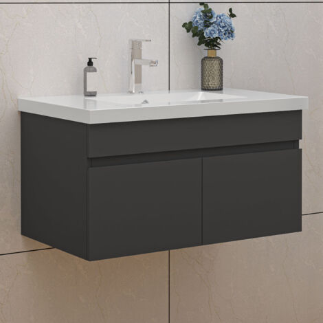Waschtisch mit Unterschrank 80cm Badmöbel Set mit Waschbecken Mineralguss Anthrazit Matt (1/5)