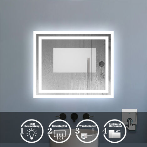 LED Badezimmer Spiegel Kaltweiß mit Beschlagfrei 60x50cm Wandspiegel mit Wandschalter Horizontal und Vertikal (1/5)
