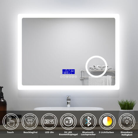 LED Badspiegel 80x60cm mit Uhr Bluetooth 3-fache Vergrößerung Beschlagfrei Badezimmer Spiegel CE IP44 3 Lichtfarbe Dimmbar (1/5)