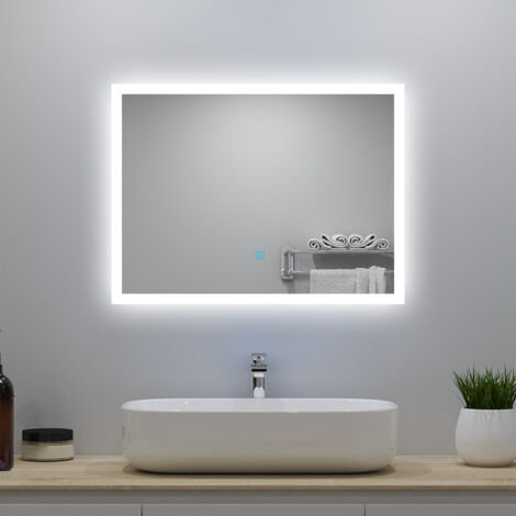LED Badspiegel 90x70cm mit Beschlagfrei Speicherfunktion 3 Lichtfarbe Dimmbar Honrizontal/Vertikal CE IP44 (1/5)