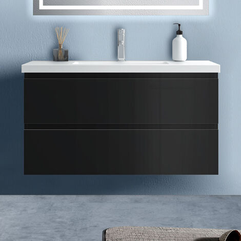 Badezimmer 100cm Waschtisch mit Unterschrank Badmöbel Set mit keramik-Waschbecken Unterschrank Schwarz Hochglanz (1/5)