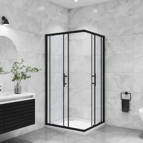 80x80x195cm Schwarze Eckeinstieg Duschabtrennung Duschkabine Schiebetür Eckeinstieg Echtglas Dusche mit Duschtasse