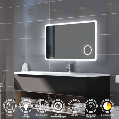 LED Badezimmerspiegel Badspiegel mit Beleuchtung Wandspiegel mit Touch, Antibeschlage, 3-Fach Lupe, Uhr, 3Farbe Dimmbar 2700-6500k, Doppelte Kontrolle IP44 80x60cm