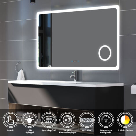 LED Badezimmerspiegel Badspiegel mit Beleuchtung Wandspiegel mit Touch, Antibeschlage, 3-Fach Lupe, Uhr, 3Farbe Dimmbar 2700-6500k, Doppelte Kontrolle IP44 120x70cm