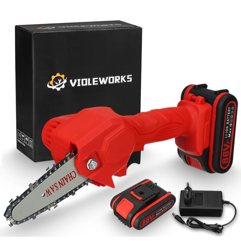 VIOLEWORKS 88V 1080W 4 pollici sega portatile per la lavorazione del legno motosega  batteria potatore elettrico senza fili (rosso, 2 batterie) ZebraA