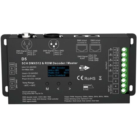 Decoder DMX512 12-24V DC - 6A/canale - 5 canali - Display OLED