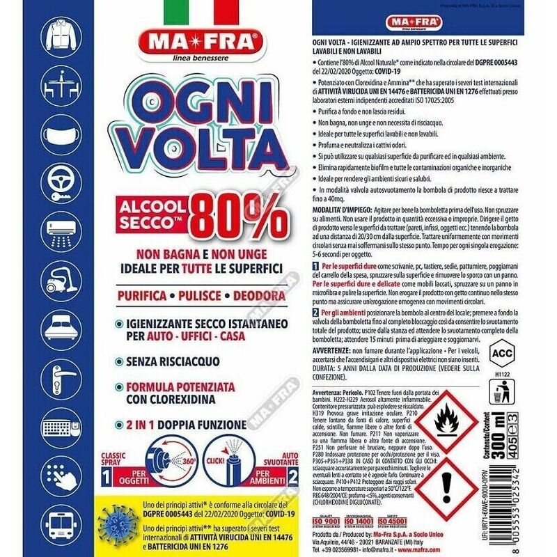 Igienizzante Spray Mafra Ogni Volta per purificante per Auto Casa Ufficio  300 ml