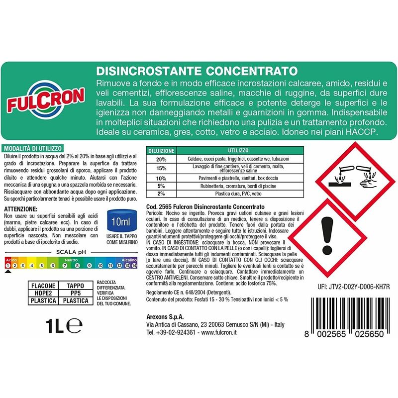 Fulcron Arexons Anticalcare Disincrostante Concentrato HACCP – 1 Litro, Uso Professionale - Foto 4