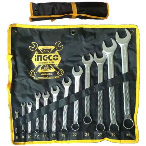 Serie chiavi combinate professionali INGCO cromo-vanadium 6-32mm kit 12pz con fodero in stoffa