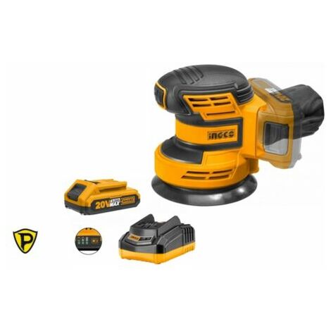 Levigatrice a batteria INGCO da 125 mm + 2 Batt. Litio 20V 2ah + Caricabatterie