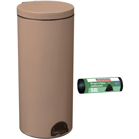 Rossignol – Poubelle à pédale 30L ronde avec seau amovible – Lot de 10 sacs poubelle 50L recyclables – Fabrication française – Garantie 10 ans