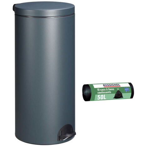 Rossignol – Poubelle à pédale 30L ronde avec seau amovible – Lot de 10 sacs poubelle 50L – Fabrication française – Corps en acier poudré