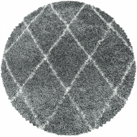 Tapis à Poils Longs Design Berbère Motif Losanges - Gris et Blanc - Rond 160x160cm