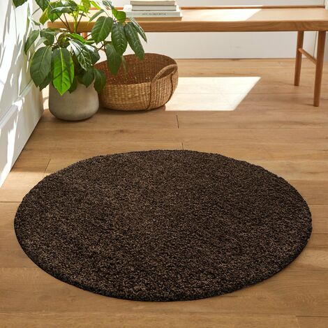 Tapis Rond Shaggy Uni Poils Longs Tapis Salon Chambre (Marron - 120x120cm)
