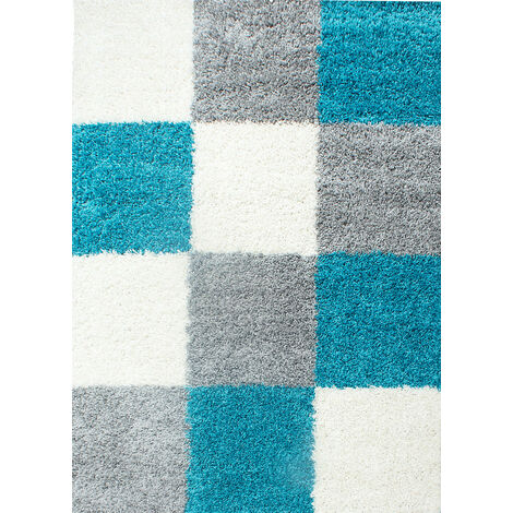 Tapis Shaggy Poils Longs Motifs Carreaux (Gris / Blanc / Turquoise - 80x250cm) (1/5)