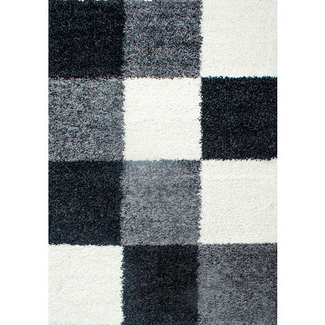 Tapis Shaggy Poils Longs Motifs Carreaux (Noir / Gris / Blanc - 60x110cm) (1/5)