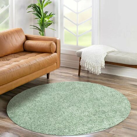 Tapis Rond à Poils Longs doux SOFTY, Tapis de Salon, Chambre, Couloir (Vert Amande - 120x120cm)