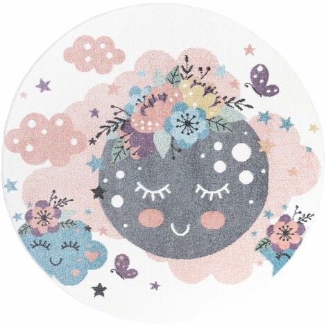 Tapis Rond pour chambre d'enfant Crème Motif Nuages (Crème et Multicolore - 120x120cm)