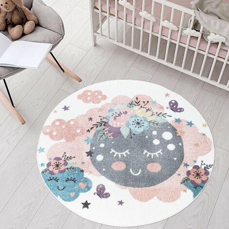 Tapis Rond pour chambre d'enfant Crème Motif Nuages (Crème et Multicolore - 120x120cm)