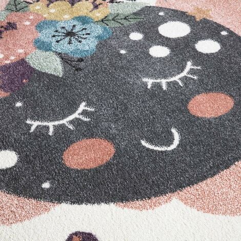 Tapis Rond pour chambre d'enfant Crème Motif Nuages (Crème et Multicolore - 120x120cm)