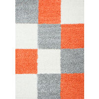 Tapis Shaggy Poils Longs Motifs Carreaux (Gris / Blanc / Terracotta - 80x150cm)