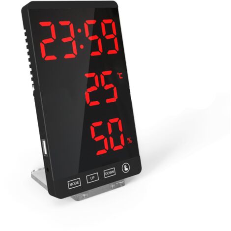 LED-Spiegeluhr, Thermometer und Hygrometer, elektronische Wetteruhr, Wecker, fette rote Buchstaben