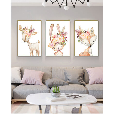 Poster für Kinderzimmer/Babyzimmer – Hirsche, Waldtiere, Fuchs, 3er-Set Mädchen Dekoration für – Jungen und Hase
