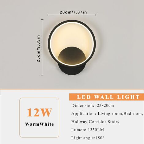 GOECO LED-Wandlampe Innen, Runde Acryl-Wandlampe Moderne für Flur, Schlafzimmer, Wohnzimmer 12W 3000K Warmweiß Schwarz