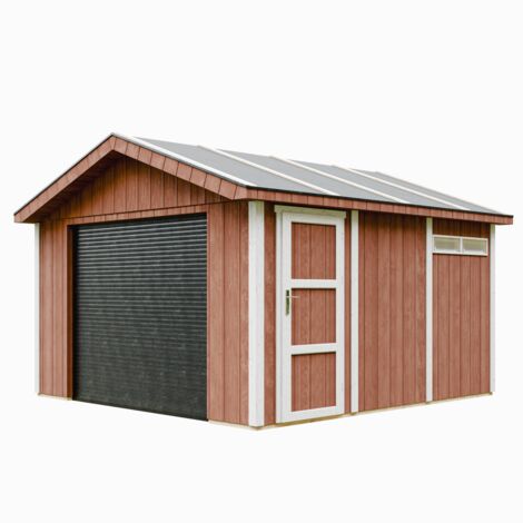 Garage di QUALITÀ PREMIUM 13 m² - L378xL412 cm - GARAGE PER MOTO, biciclette, macchine da giardinaggio - Costruzione con pannelli LP Smartside - Capannone da giardino Timbela M990B-REDWOOD RED