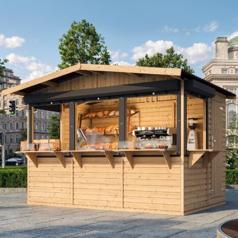 Capanno in Legno, Capanno Espositore in Legno, Chiosco in legno da giardino per bar mit Theke 263 x 336 cm / 6 m² - TIMBELA M150BZ