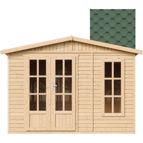 Casetta da giardino 6m2 - 332x222xA232 cm - Casetta in legno da giardino - Capanno in legno - Studio giardino - con tegole bituminose verde - TIMBELA M334FB+H334FBGREEN