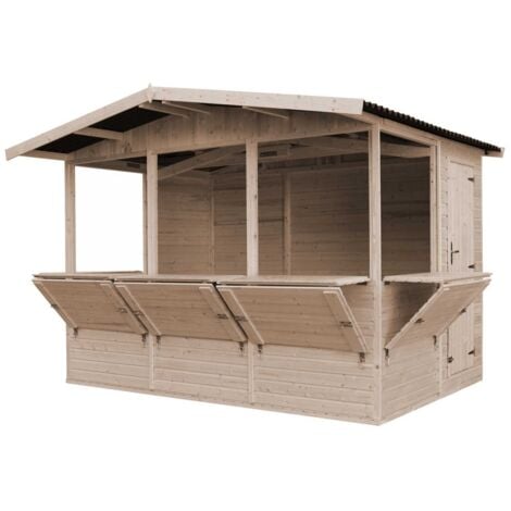 Capanno in Legno, Capanno Espositore in Legno, Chiosco in legno da giardino per bar, CINQUE FINESTRE esterne H232x336x263 cm/6 m2 Stand di vendita con bancone, TIMBELA M150B