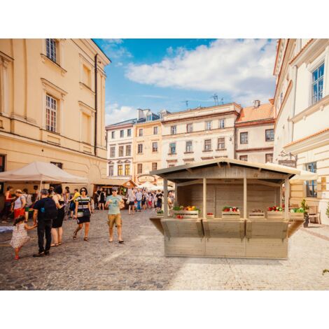Capanno in Legno, Capanno Espositore in Legno, Chiosco in legno da giardino per bar, CINQUE FINESTRE esterne H232x336x263 cm/6 m2 Stand di vendita con bancone, TIMBELA M150B