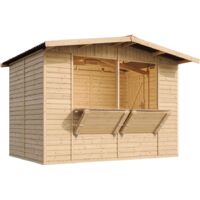 Capanno in Legno, Capanno Espositore in Legno, Chiosco in legno da giardino per bar, 336x263 cm/6 m2 Stand di vendita con bancone, Multifunzione cabina da giardino, Capanno giardino TIMBELA M150