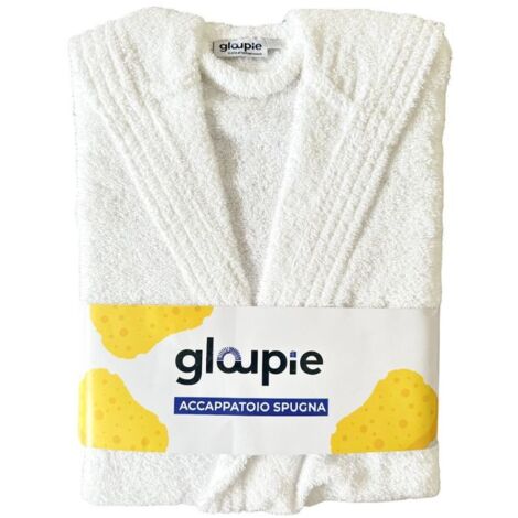 GLOUPIE Accappatoio Unisex In 100% Spugna Di Puro Cotone In Tinta Unita Dal Color Bianco Taglia S