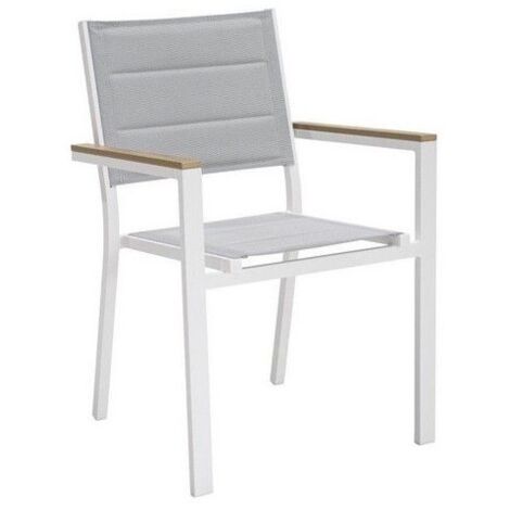 Poltrona Santorini Impilabile in Alluminio Bianco con Seduta Imbottita e Braccioli Effetto Legno