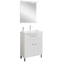Mobile Bagno A Terra da 65 cm linea Smart Bianco Lucido Completo di Lavabo, Specchiera con Mensola e Illuminazione Led