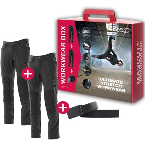 MASCOT Workwear Box inkl. 2x ULTIMATE STRETCH Arbeitshose 18479 & GRATIS Gürtel, Farbe: Schwarz - 09, Größe: 42